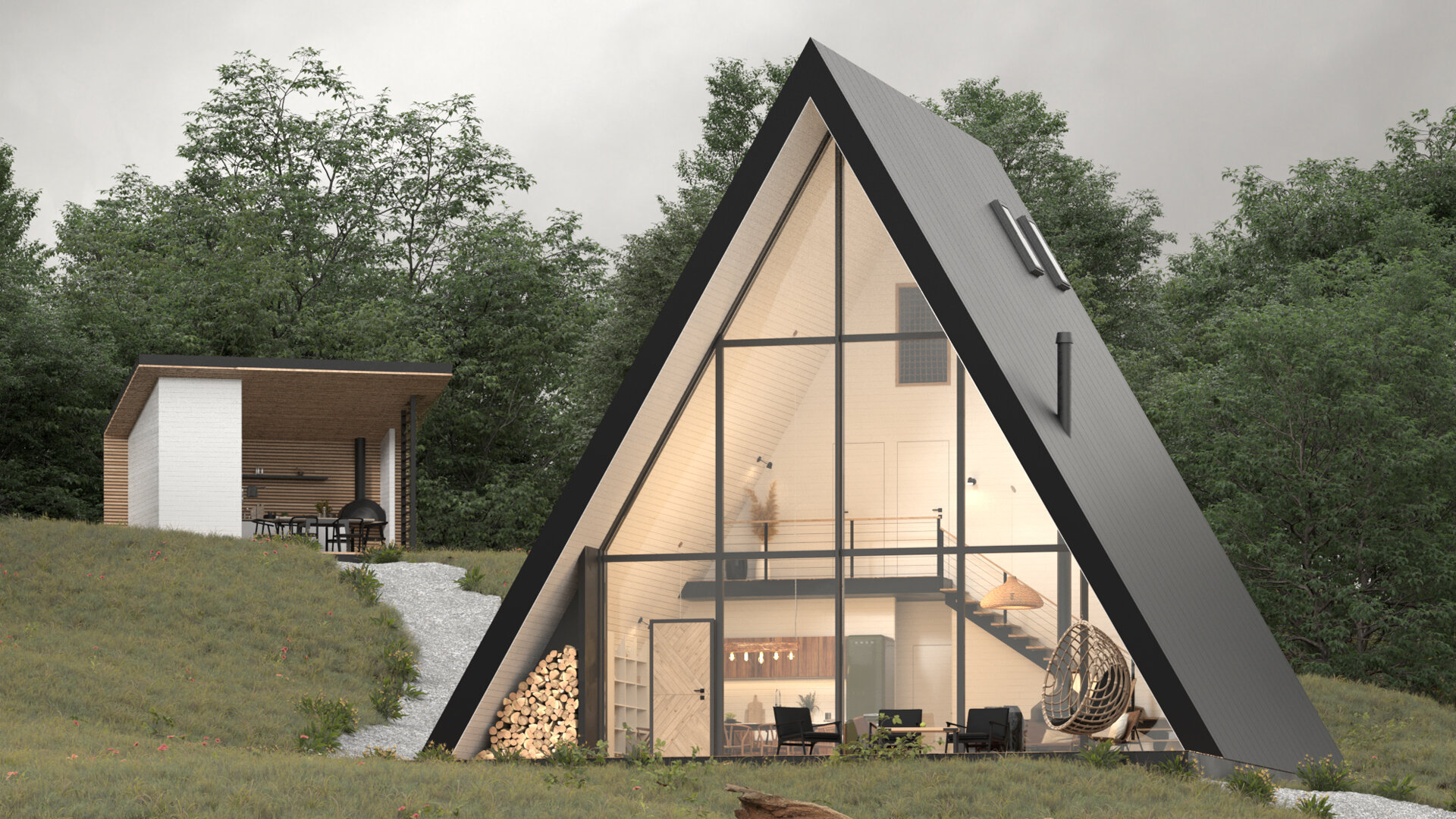 A-frame house on a hill